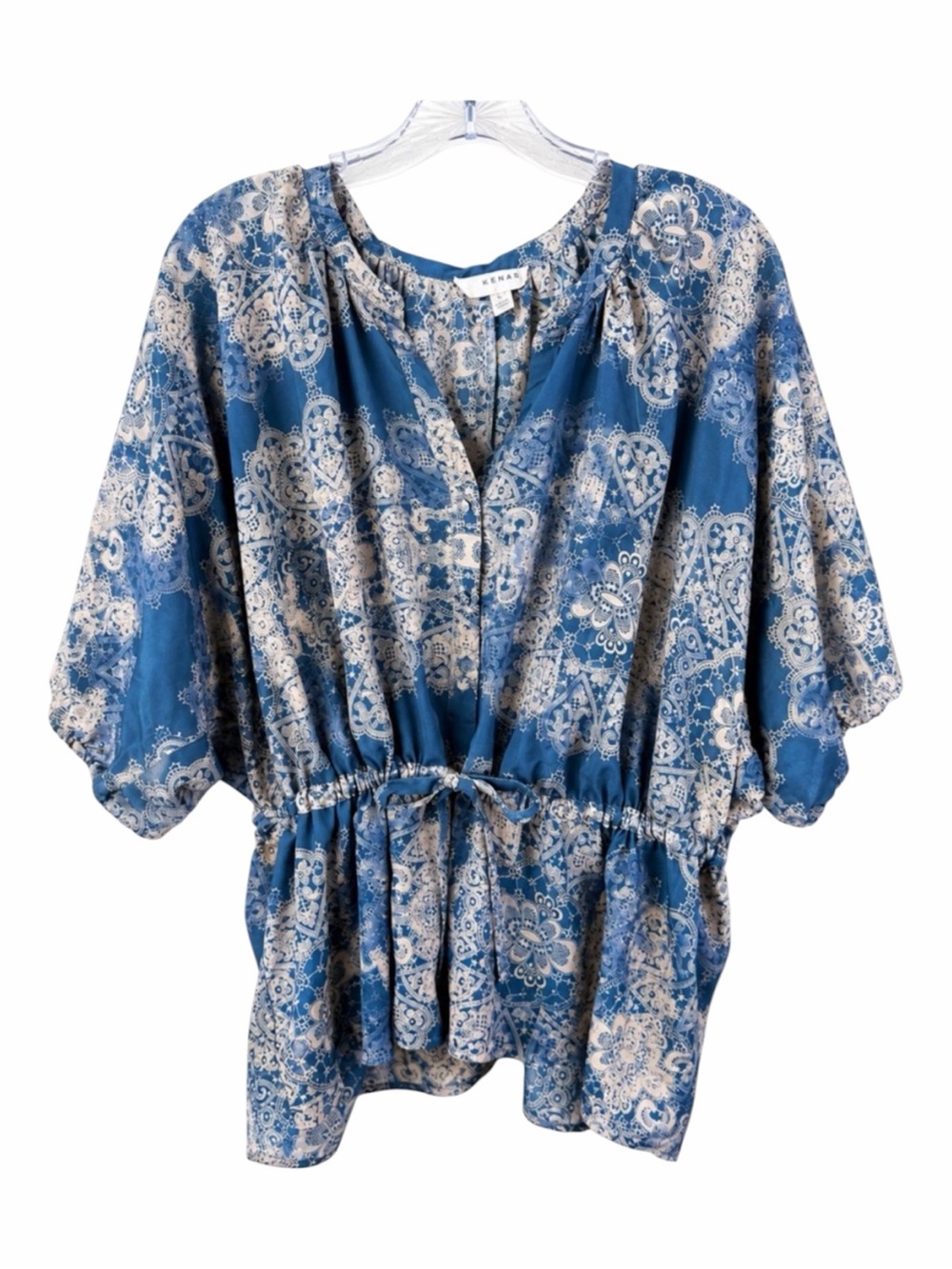 KENAR Blue Paisley Peasant Blouse Tie Waist Boho Batwing Sleeve Large